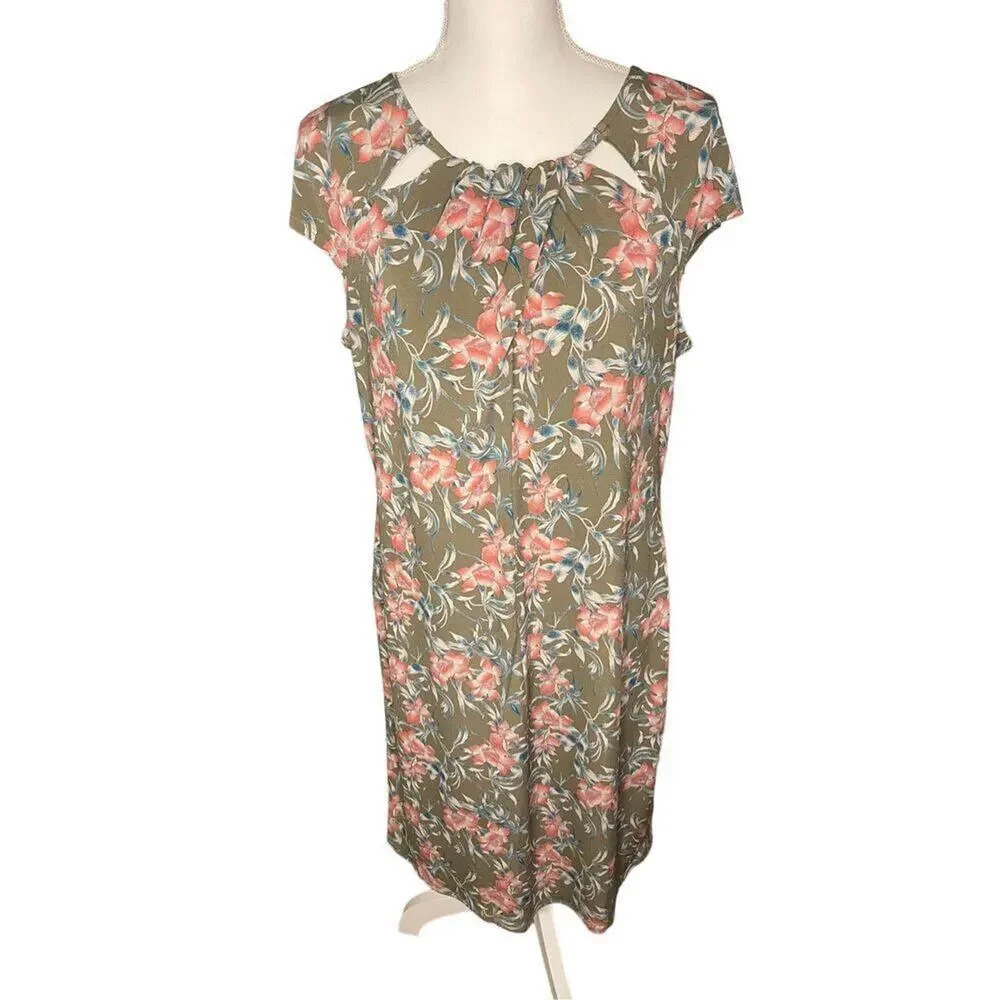 New York & Company Women’s‎ Large Keyhole Neckline Olive Dress With Pink Flowers